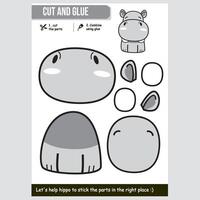 illustration of a cute hippo for kids educational paper game, cut and glue activity vector