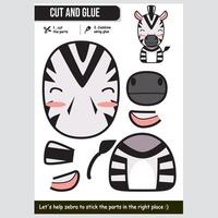Cute zebra illustration for kids educational paper game. Cut, glue, and learn activity. vector