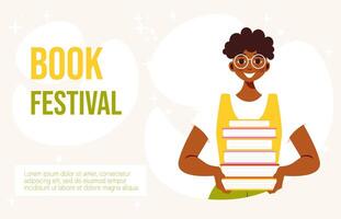 Book festival banner with young African American guy holding books. Flat cartoon character. Reading concept. Perfect for horizontal banner, poster, website, flyer and so on vector