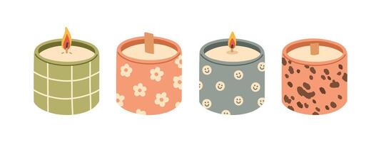 Trendy candle set. Modern scented cozy hygge candle for home interior decor. Illustration in flat style vector