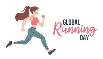 Global running Day in June, banner design. The first Wednesday of June. Running woman. White background. Eps 10. vector