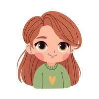 linda dibujos animados pequeño niña con marrón pelo en un blanco antecedentes aislado. de moda anime estilo. impresión para camiseta para niños vector