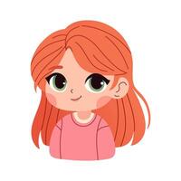 linda dibujos animados pequeño niña con rojo pelo en un blanco antecedentes aislado. de moda anime estilo. impresión para camiseta para niños vector