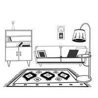 Room design. Sofa, clock, carpet with ornaments, floor lamp, bookcase. Everything is hand-drawn in in black on a white background. For printing on paper and fabric, for interior design vector