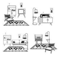 A set of interior design compositions. Vintage style design, rooms, living rooms. Everything is hand-drawn in in black on a white background. For printing on paper, fabric, interior sketches vector