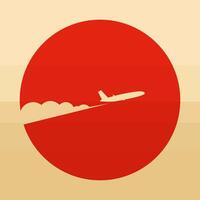 Plane flies in morning sunrise time gradient illustration. An airplane silhouette in the sky with setting sun. vector