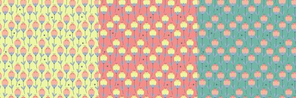 Colorful simple spring tulips field seamless pattern collection. Floral springtime with flying bees vector