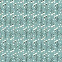 Organic cotton branch with cotton boll seamless pattern on blue. Soft fabric symbols loop ornament tile vector