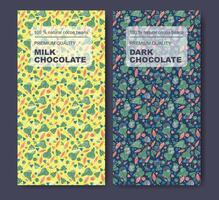 Organic chocolate colorful package design label set. Modern typography and hand drawn floral elements vector