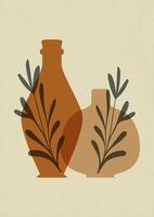 Aesthetic minimalist illustration with ceramic vases. Pottery workshop. Herbarium in a jar art poster. vector