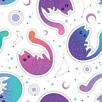 Mystical pattern with neon cats, moon and stars vector