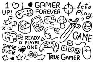 Videogame illustrations set. Videogame devices, icons, items black line art, outline illustrations and lettering sayings for gamers vector