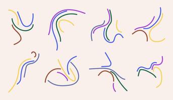 A set of hand-drawn curved colored lines of different shapes and directions. vector