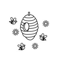 Beehive illustration with flying bee and flowers vector