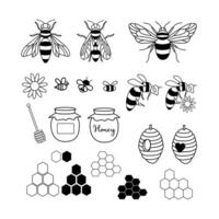 Set of flying bee illustrations , honey bee , house bee, jar and flower in vector