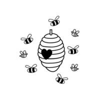 Beehive illustration with flying bee vector