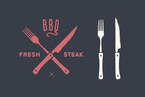 Meat cutting knives and forks set. Steak, butcher and BBQ supplies vector