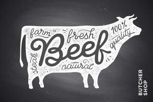 Trendy illustration with red cow silhouette and words Beef vector