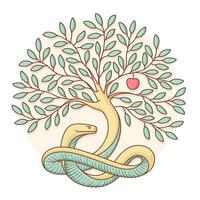 Tree the knowledge of good and evil with snake, apple. Colorful design. Illustration. vector