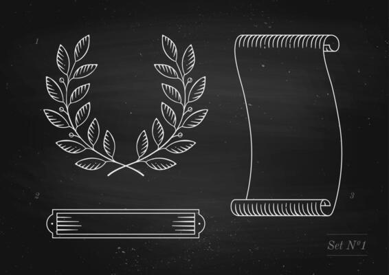 Set of old vintage ribbon banner, laurel wreath in engraving style