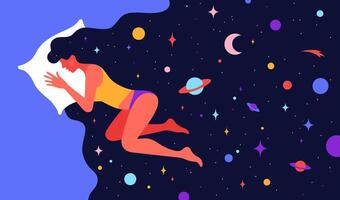 moderno plano personaje. mujer dormido en cama con universo vector