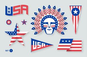 Set of USA symbols and design elements for Independence Day. White, red, blue colors. Illustration. vector
