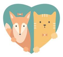 Animal set. Portrait of a fox and cat in love. Flat graphics vector