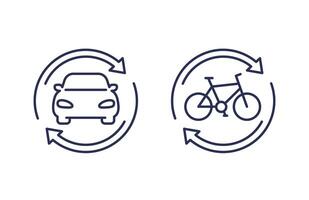 carsharing, rental service line icons with a car and a bike vector