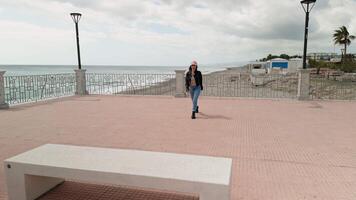 femme sauter plus de une marbre bord de mer banc video