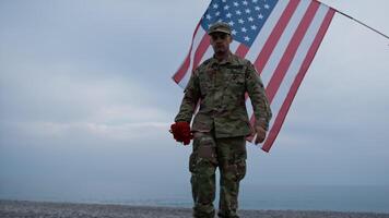 Etats-Unis soldat en quittant rouge fleurs dans Mémoire de perdu frères video