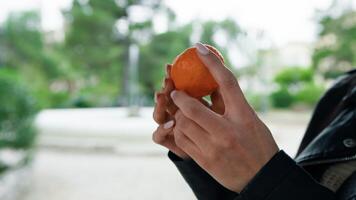 Frau halten ein Mandarine im ihr Hände video