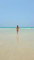 Happy Caucasian woman raises her hands and runs into the sea on a tropical beach video