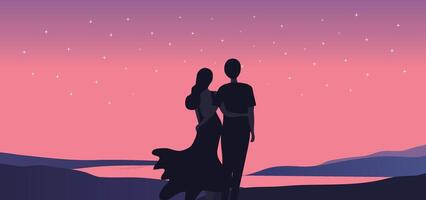 silueta de amoroso Pareja participación manos en puesta de sol playa antecedentes ilustración. contento San Valentín día concepto vector
