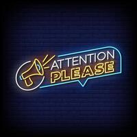 attention please neon Sign on brick wall background vector