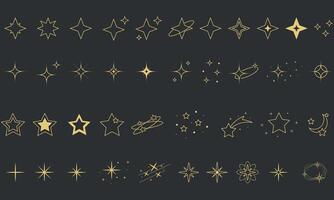 Set of Stars Icons, Decorative Linar Elements, Collection, Sparkles, Shapes, Outline, Hand Drawn, Isolated, Glittering, Style, Doodle, Abstract, Symbol, Gold vector