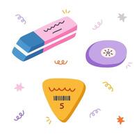 Cute set of pencil erasers for school, work and study in university. Classic, round and triangle rubber set for drawing, writing, correcting. Hand drawn cartoon school supply, stationery for kids. vector