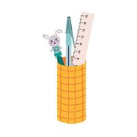 Cute hand drawn pencil cup with line checkered pattern in cartoon style. Stationery container with pen with bunny, ruler. School cup and holder case for office supplies. back to school clipart. vector