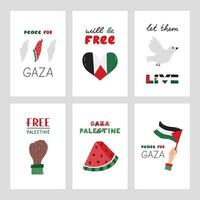 Free Gaza set of posters with lettering and simple hand drawn clipart of Gaza flag, watermelon, peace dove, fist, map of Israel. Concept of support Palestine. Let Them Live, Will Be Free. vector