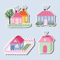 Set of stickers with cute hand drawn country house with window, chimney. Cozy village hutches with tree, fence, flowers. Exterior of home, village buildings, countryside home vector