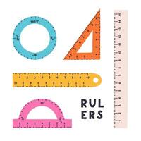 Cute set of plastic rulers, protractor, triangle, compass in cartoon style. Hand drawn tools for drawing and measurement. School supply and stationery for study and work. clipart isolated vector