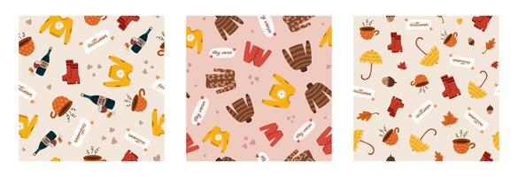 Set of cozy and hygge seamless hand drawn pattern with autumn doodles of seasonal clothes, food and drinks, decor. Cute wallpaper print for fabric design. Creative background with fall clipart vector