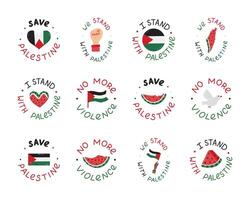 We Stand with Palestine set of emblems with lettering and hand drawn clipart. Watermelon slice, Gaza flag, fist, peace dove, heart. Concept of Free Gaza for poster, banner, wallpaper, flyer, t shirt. vector