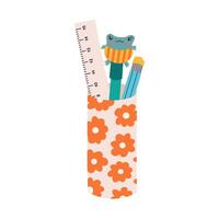 Cute hand drawn pencil cup with flower pattern in cartoon style. Stationery container with pencil, pen with frog, ruler. School cup and holder case for office supplies. back to school clipart. vector