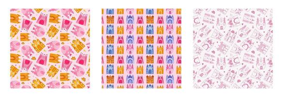 Set of cute simple seamless pattern with fairy tale castle for princess. Childish endless backdrop with magic house for wrapping paper, background, fabric, scrapbook. Cute hand drawn wallpaper print vector