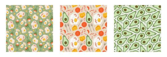 Set of simple seamless pattern with breakfast doodles. Cute print with hand drawn clipart of morning food and beverage. Cute wallpaper print for fabric design with different variations for meal vector