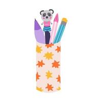 Cute hand drawn pencil cup with star pattern in cartoon style. Stationery container with pencil and different pens. School cup, holder case for office supplies. Isolated back to school clipart. vector