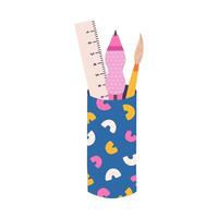 Cute hand drawn pencil cup with squiggle pattern in cartoon style. Stationery container with mechanical pen, ruler, drawing brush. School holder case for office supplies. Back to school clipart. vector