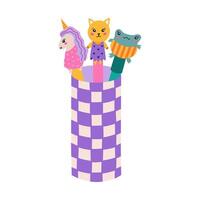 Cute hand drawn pencil cup with checkered pattern in cartoon style. Stationery container with kawaii pens with unicorn, frog, cat head. School holder case for office supplies. Back to school clipart. vector