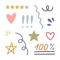 Cute hand drawn squiggle, scribble, curly lines, swooshes, heart, stars, exclamation points for post, stories in social media, web design. Minimalistic abstract swishes, swoops for highlight text. vector