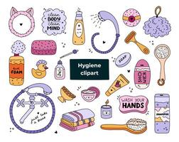 Cute hand drawn doodle set of hygiene items, bathroom and shower accessories. Products for skincare, beauty, body care, self love in trendy style. Soap, microfiber towel, shampoo, cream, duck, oil. vector